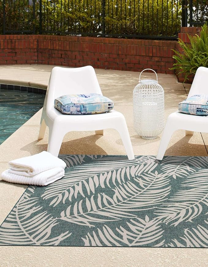 Unique Loom Outdoor Botanical Collection Area Rug - Palm (5' 3" Square Teal/Ivory)