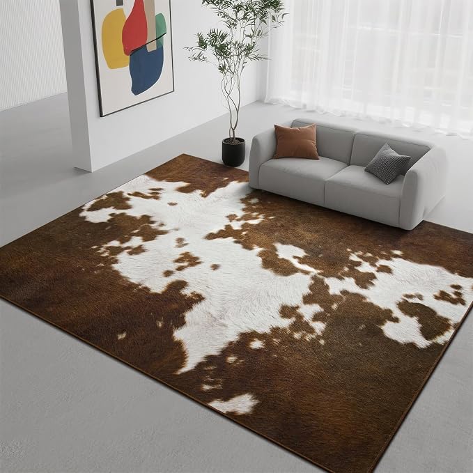 DweIke Cow Print Rugs for Living Room, 4x6 Soft Faux Animal Cowhide Area Rug, Washable Non-Slip Stain Resistant Throw Carpet for Dining Room Office Western Home Decor, Light Brown
