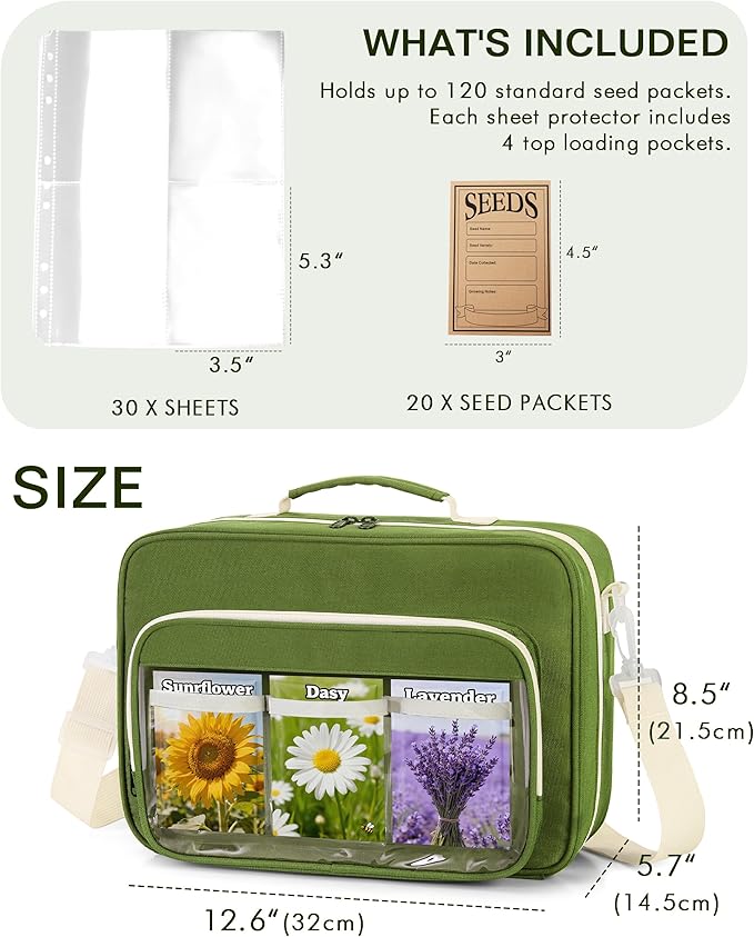 Seed Storage Organizer Binder with 20 Reusable Seed Envelopes | 30 Sheet Protectors Holds 120 Packets Envelopes, 1.5-Inch 3-Ring Binder, Handle & Adjustable Shoulder Strap,Ideal for Garden