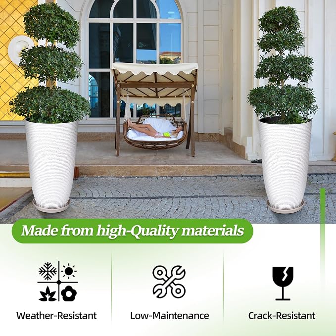 QCQHDU Set of 2 9 Gallon Tall Large planters for Outdoor/Indoor Plants of 12" Dia x 21" H Round Flower Pots Set Faux Stone Finish Front Door Patio Square Porch Planters with Tray, White