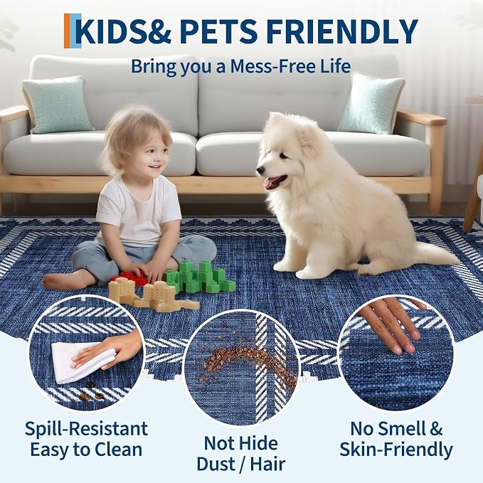 GarveeHome Washable Area Rug 8x10 Modern Neutral Living Room Rug Non Slip, Contemporary Geometric Carpet, Soft Non Shedding Mat, Stain-Resistant Low Pile Neutral Covering for Bedroom Office, Blue