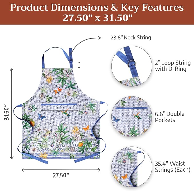 Maison d' Hermine Aprons for women with Pocket 100% Cotton (27.50"x31.50") | Adjustable Neck Strap & long ties Apron Men Chef Wedding Cooking Gardening Server Maid