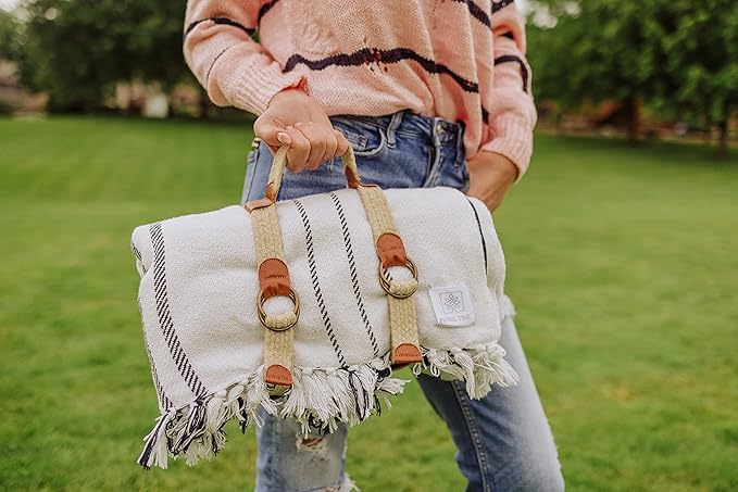 Picnic TIME Montecito Picnic Blanket with Harness, Large 60" x 70" Outdoor Blanket, Woven Cotton Top with Water-Resistant Poly Duck Backing, Sandproof Beach Mat for Camping & Travel (White & Blue)