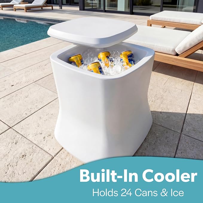 Coast Modern Outdoor Side Table Cooler- 2 in 1 Patio Decor Storage Table & Ice Chest - 25 QT - White, Gray, Sand, Stone Blue, Black