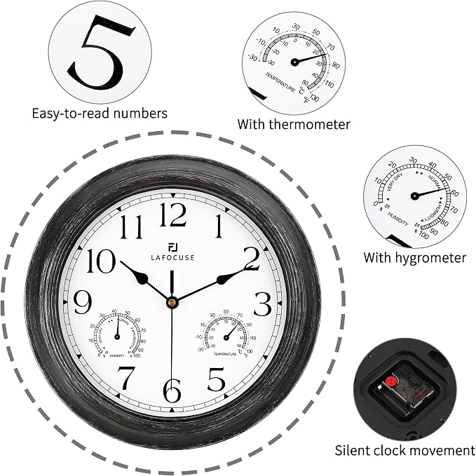Lafocuse 12 Inch Black Outdoor Clocks Waterproof for Patio Pool Bathroom | With Thermometer Combo and Hygrometer, Vintage Rustic Weather Outside Clock for Garden Garage Porch Kitchen, Silent, Accurate
