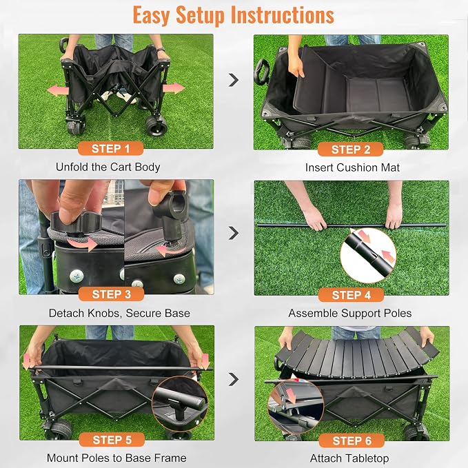 Collapsible Foldable Wagon Cart with Big Wheels and Tabletop, Large Capacity 440Lbs Folding Utility Wagon Carts for Sand, Beach, Camping, Shopping, Sport (Gray)