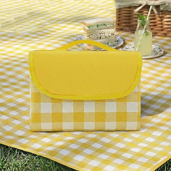 Waterproof Foldable Picnic Blanket Outdoor with Carry Strap,80"x80" Extra Large Beach Blanket Sandproof,Portable Soft Gingham Picnic Mat for Camping Travel Hiking Family Concerts Park(Yellow)