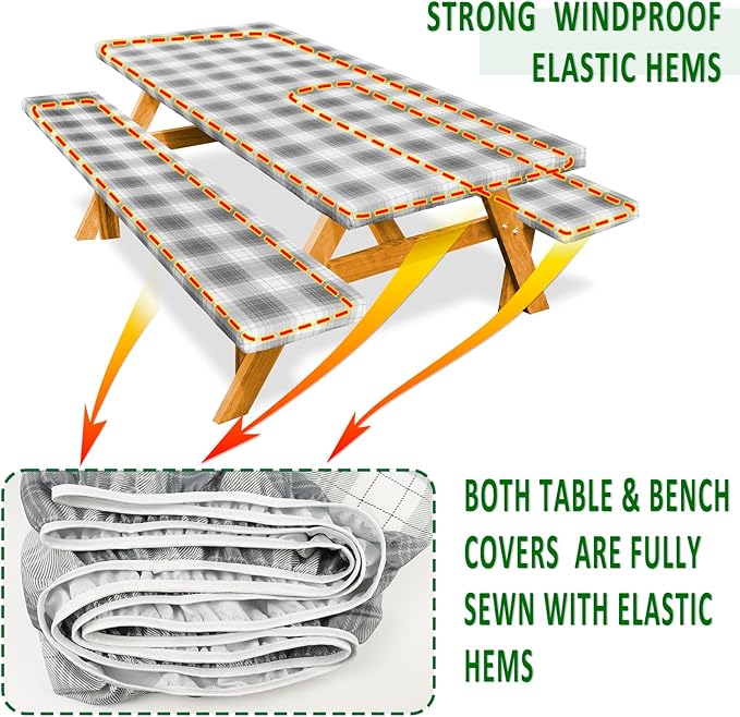 Picnic Table Cover with Bench Covers Camping Essentials Reusable Waterproof Windproof Camping Tablecloth Fitted Rectangle Tables and Seats, 96in, Gray Plaid