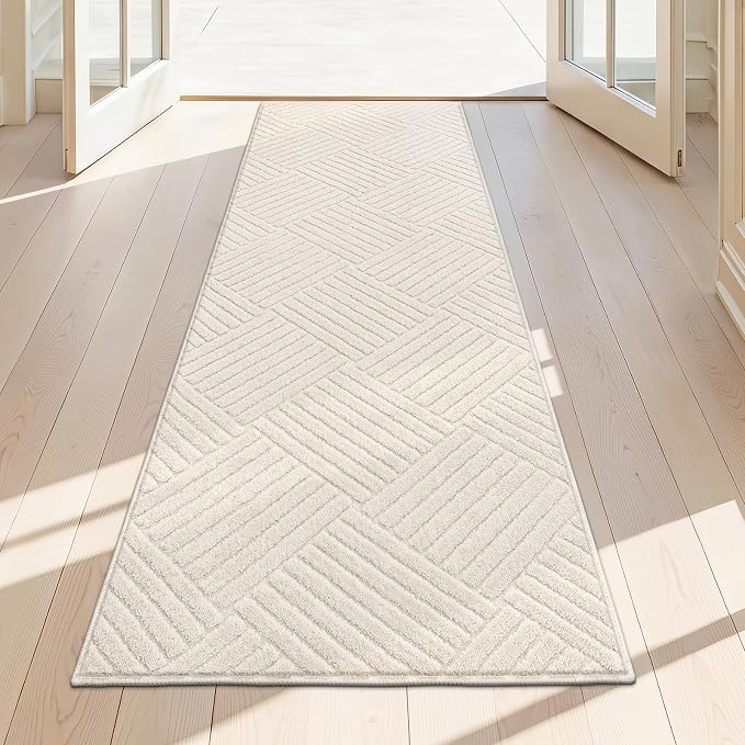2x6 Bedroom Runner, Soft Beige Geometric Fluffy Hallway Mat | Washable Modern Hall Floor Rug, Non Slip Shaggy Boho Indoor Accent Kitchen Throw Carpet for Laundry, Entyway and Bathroom