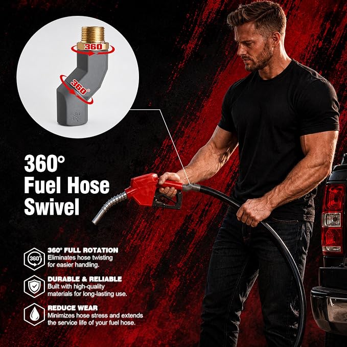 3/4" NPT Auto Shut-Off Fuel Nozzle, Gas Pump Nozzle with 3-Speed Padlock (9-16 GPM) - 360° Swivel Hose for Gasoline, Diesel, Biodiesel B20, E15 & Kerosene (RED)