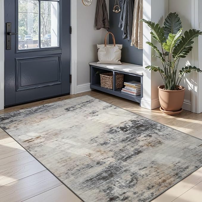 Toneed 4x6 Washable Non Slip Area Rugs for Bedroom Living Room, Grey/Brown | Abstract Soft Modern Low Pile Rug for Kitchen Hallway Office,Indoor Carpet for Kids Nursery Home Decor