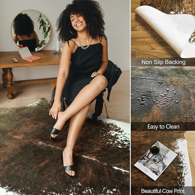 AROGAN Faux Cowhide Rug, Cow Print Animal Area Rug, Saddle Brown 3.6x2.3 Ft | Premium Cow Hide Carpet, Western Rug for Bedroom Living Room Decor, Durable Faux Cow Skin Cowhide Area Rug