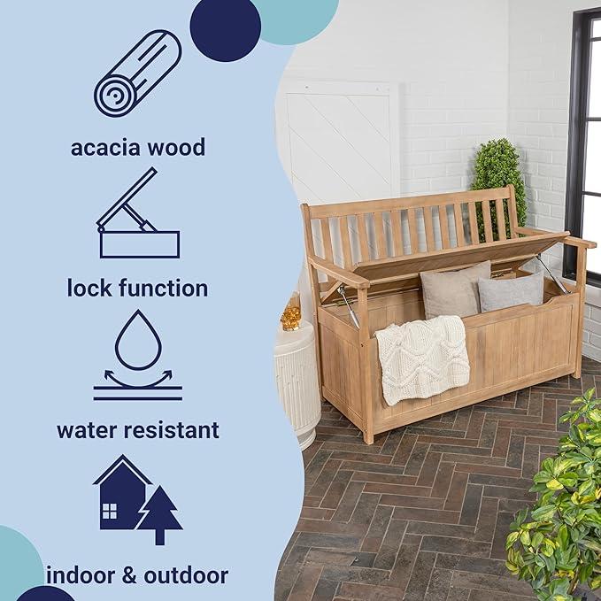 happimess STB1000A Sophie 48" Traditional Farmhouse Lift-Top Acacia Wood Storage & Entry Bench, Light Teak Matte Finish, with Seating & Armrest for Patio, Garden, Porch, Backyard, Poolside