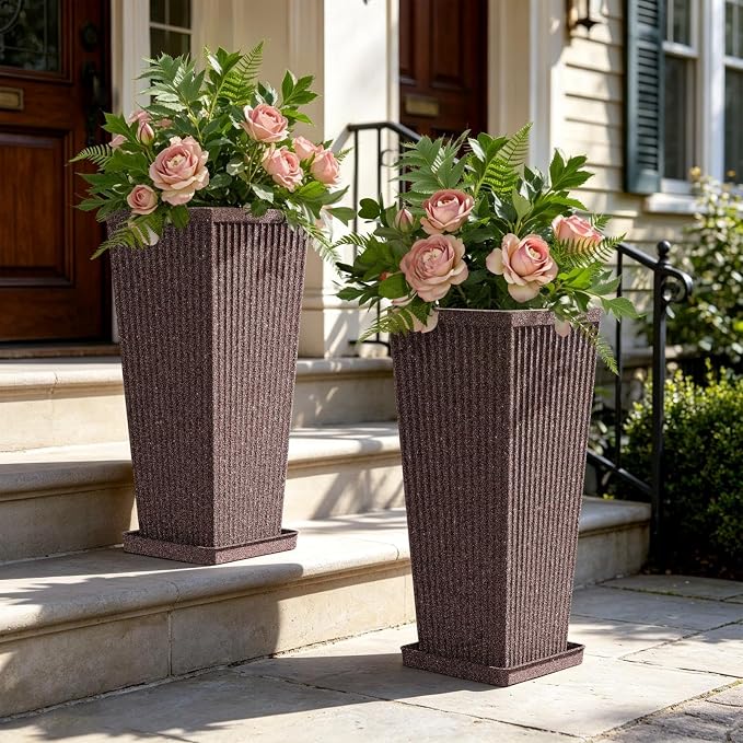 Taper Tall Planters for Outdoor Plants Set of 2, 24 Inch Faux Stone Large Outdoor Planters for Porch with Drainage Tray Saucers & Holes, Fluted Tall Indoor Flower Pots for Patio Balcony, Brown