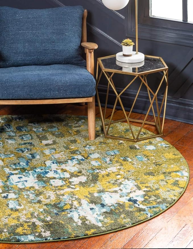 Unique Loom Jardin Collection Colorful, Vibrant, Abstract, Modern Area Rug (8' 0 x 8' 0 Round, Green/ Olive)