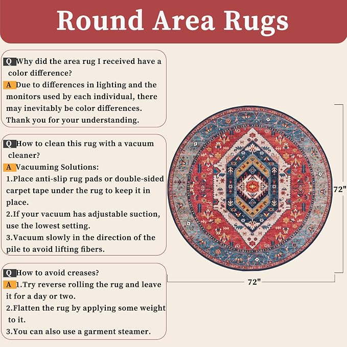SERISSA 6ft Washable Non Slip Round Boho Area Rug for Bedroom，Rust | Ultra Soft Vintage Oriental Carpet Low-Pile Tribal Circular Indoor Mat for Entryway Kids Room Office College Dorm Living Room