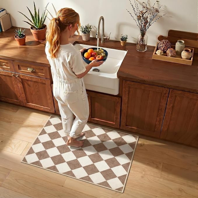 GarveeHome Checkered Entryway Rug 2x3 Brown Diamond Washable Front Door Rug | Soft Indoor Entrance Plaid Carpet Non-Slip Low Pile Throw Rugs for Kitchen Floor, Powder Room, Entry, Bathroom, Kids Room