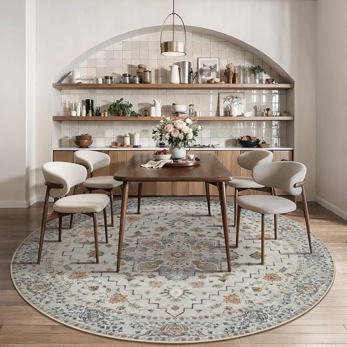 Tangsoo Vintage Round Rug 5ft, Washable Circle Rug, Non Slip Boho Round Area Rug, Low Pile Circular Rugs, Round Carpet for Bedroom,Livingroom,Nursery,Dorm,Office,Grey