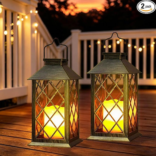 Solar Lanterns Outdoor Waterproof, 2 Pack 14'' Large Tempered Glass Outdoor Lanterns with Flameless Candle, Solar Hanging Lantern Decorative for Patio Porch Garden Table Deck Outside - Bronze