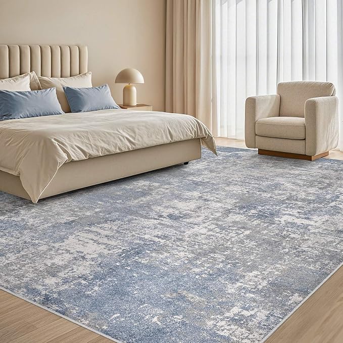Tortania Washable 10x14 Area Rug for Living Room: Modern Abstract Neutral Large Soft Thin Rugs - Non Slip Indoor Carpet for Bedroom Dining Room Office Nursery Home Floor Decoration - Blue Grey