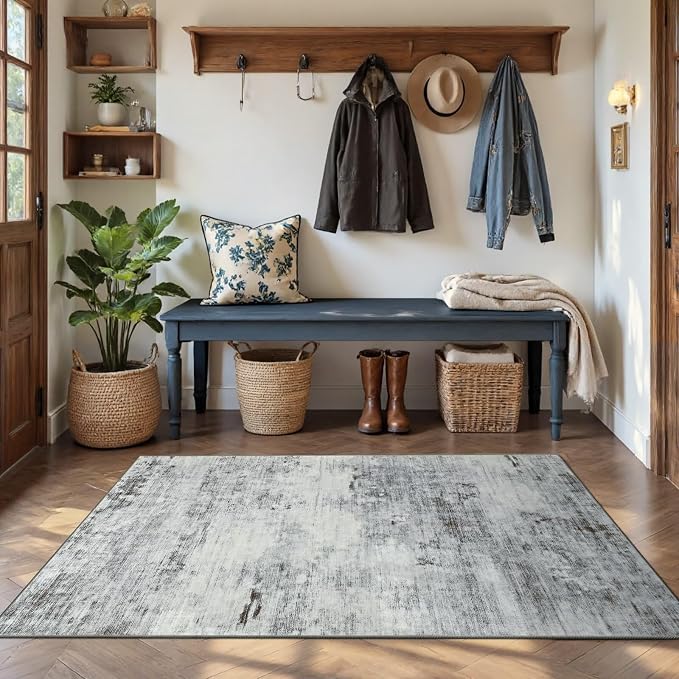 Toneed 3x5 Washable Non Slip Area Rugs for Bedroom Living Room, Grey | Abstract Soft Modern Low Pile Rug for Kitchen Hallway Office,Indoor Carpet for Kids Nursery Home Decor