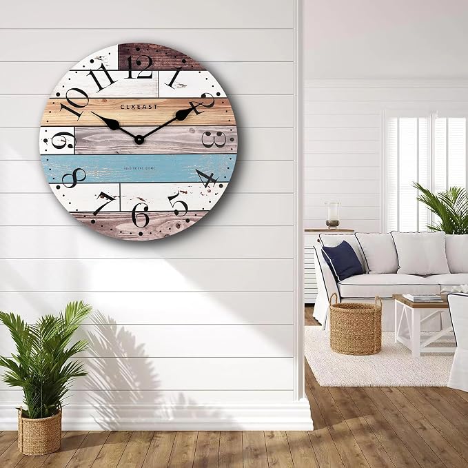 CLXEAST 24 Inch Multicolor Woodgrain Shiplap Wall Clocks for Living Room Decor, Large Farmhouse Wall Clock,Coastal Beach Nautical Style
