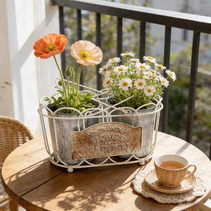Vintage White Iron Planter Basket with 2 Metal Flower Pots - Rustic Farmhouse Plant Holder for Indoor Outdoor Balcony, Window Sill, Tabletop Decor (White#4)