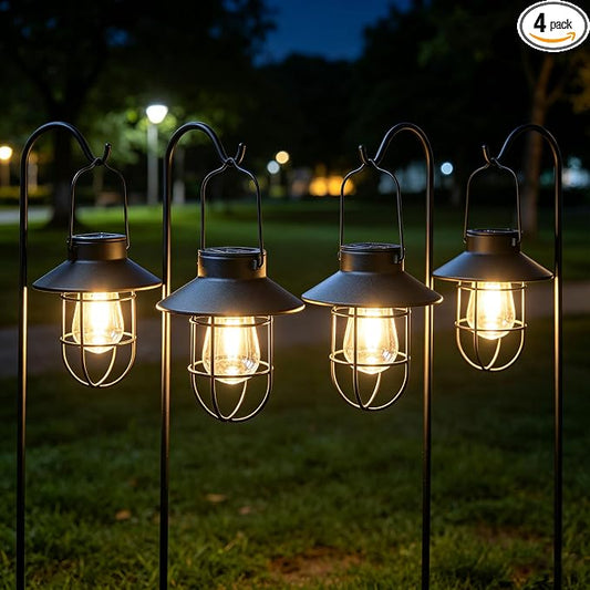 4 Pack Hanging Solar Lantern Lights with Shepherd Hook, Metal Waterproof Warm White Edison Bulb Lights for Garden Outdoor Pathway