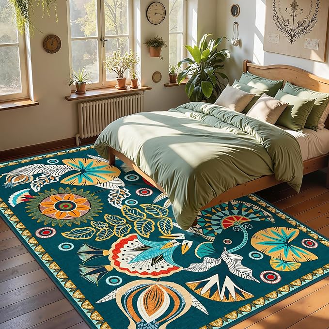 Joydeco Egypt Floral Boho 6x9 Rug for Living Room, Dark Green Washable Bedroom Dining Room Rugs for Under Table, Non Slip Vintage Indoor Throw Carpet for Playroom Nursery Dorm Classroom, Dark Green