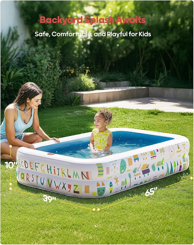 QPAU Kiddie Pool, Alphabet and Number Design, 65 x 39 in, Blue | Inflatable Design with Soft Floor, Converts to a Ball Pit for Kids and Toddlers, for Indoor and Backyard Play