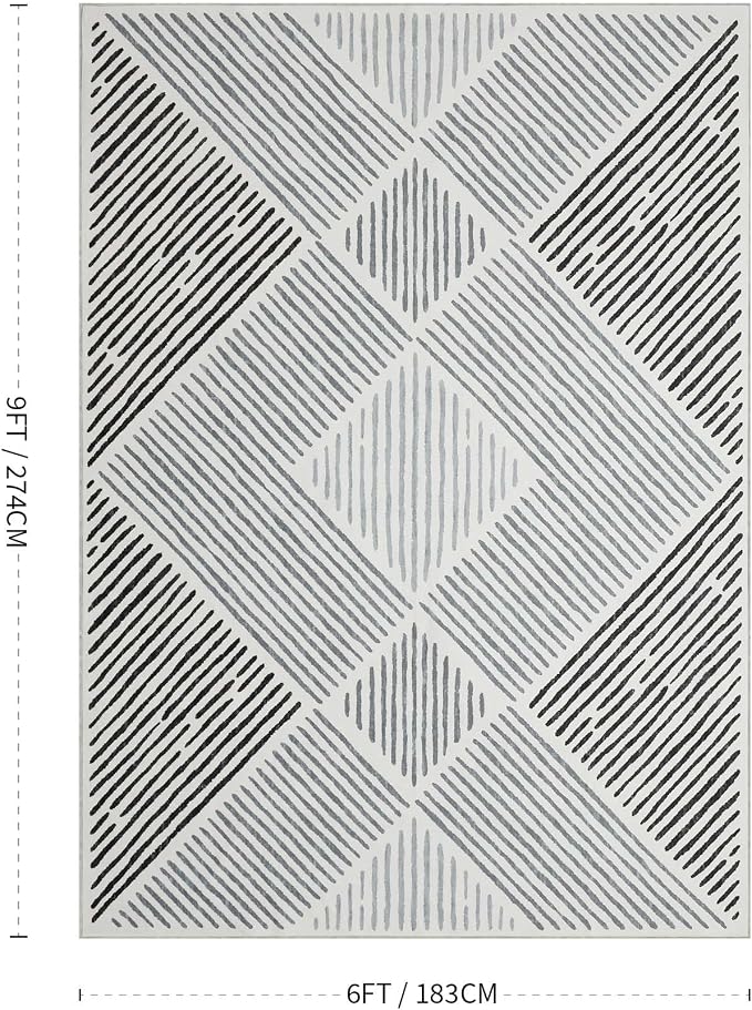 6‘x9' Washable Black and White Rug, Modern Area Rug for Living Room | Non-Slip, Low Pile, Stain Resistant, Black Geometric Stripe Rug for Bedroom Dining Room