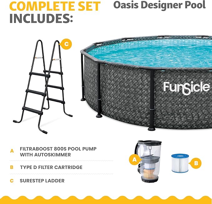 Funsicle Oasis Designer 12' x 36" Round Above Ground Swimming Pool, Includes FiltraBoost 800 GPH Filter Pump with AutoSkimmer, Type D Filter Cartridge & Repair Patch, Dark Herringbone