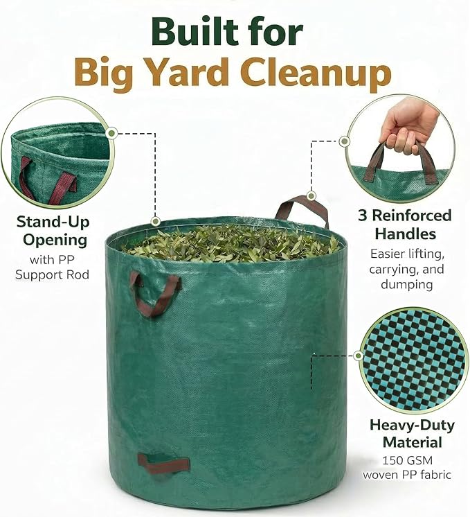 Professional 4-Pack 132 Gallon Gardening Bags for Lawn Yard, Extra Large Reusable Leaf Bags, Waste and Trash Container