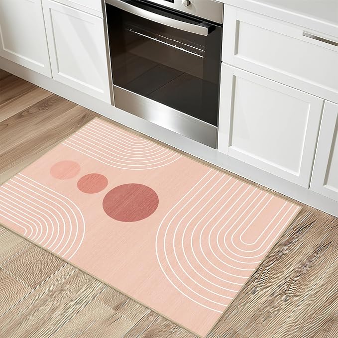 Boho 2x3 Rug for Entryway Modern Geometric Abstract Area Rug Pink Mid Century Modern Machine Washable Door Mat Contemporary Non-Slip Printed Low-Pile Floor Carpet Kitchen Bathroom Laundry Pink