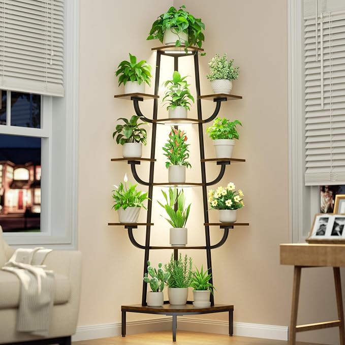 LATIBELL Corner Plant Stand Indoor with Grow Light, 72'' Tall Plant Shelf for Indoor Plants, 8 Tiered Metal Tree-Shaped Display Capable of Holding Large Pots for Home, Patio and Balcony, Black