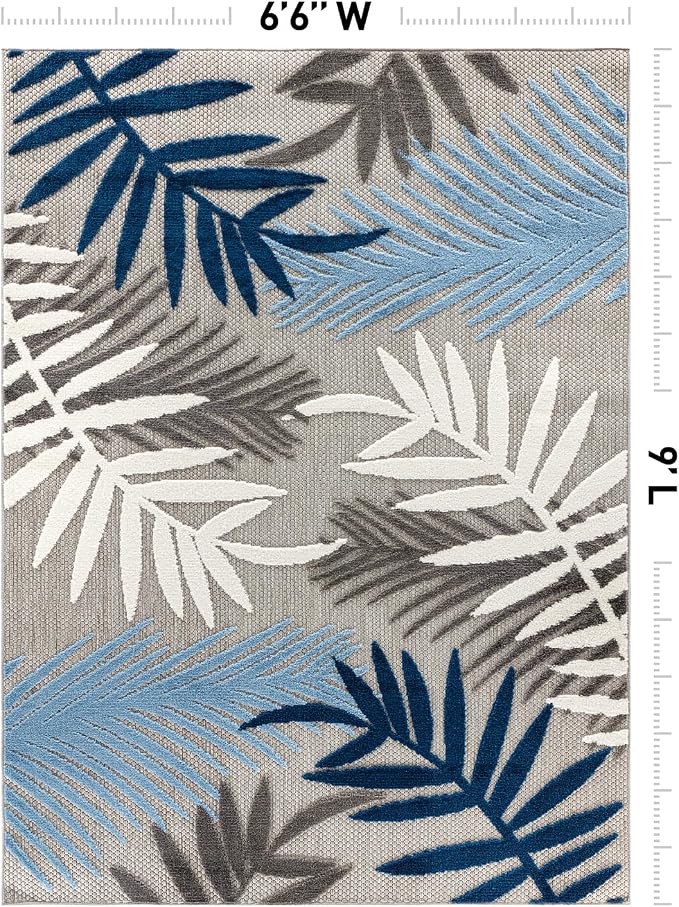 Rugshop Blue Palm Frond Indoor/Outdoor Area Rug Easy Cleaning for Patio, Porch and Dining Area, 6'6" x 9'