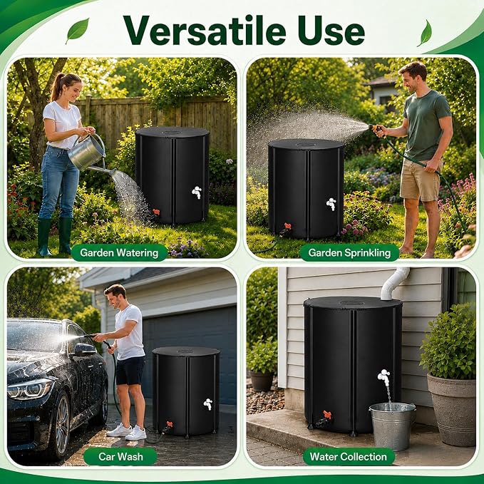 132 Gallon Collapsible Rain Barrel, Rain Water Collection Barrel System Kit, Collapsible Water Tank with 2 Spigots and Overflow Kit, Portable Rain Water Catcher for Garden, Black