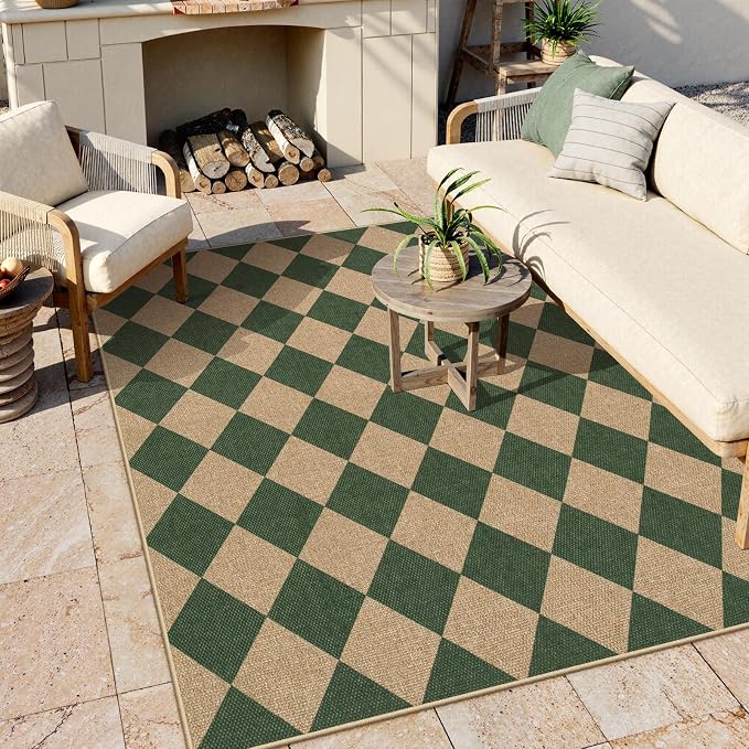 Lahome Colette Checkered Outdoor Rug 5x7, Washable Rug for Living Room Office Indoor Outdoor Carpet, Farmhouse Non Slip Non Shedding Green Carpet for Dining Room Sunroom Patio Courtyard