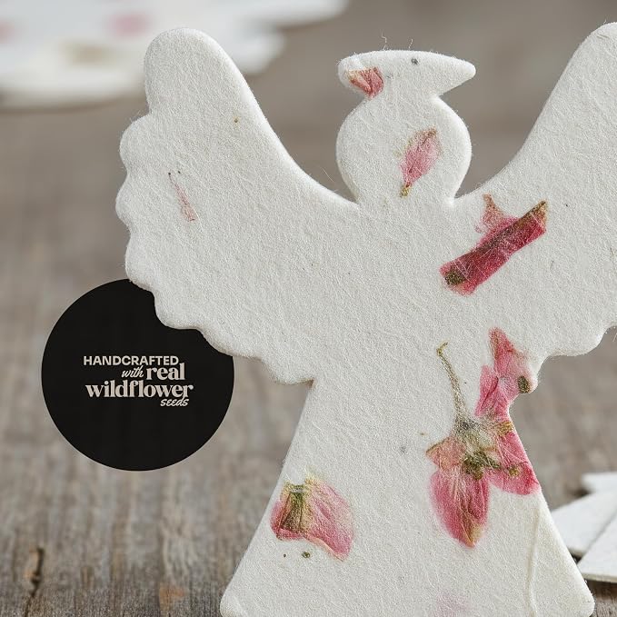 Plantable Memorial Gift Tags with Wildflower Seeds – 24 Pack Pink Angel-Shaped Writable Gift Wrap Tags for Funeral Favors, Sympathy Gifts & Celebration of Life Keepsakes