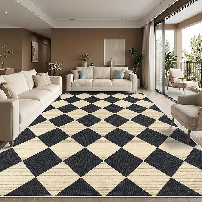 GarveeHome Area Rugs 9x12 Living Room Checkered Large Black Washable Rug | Diamond Non Slip Backing Floor Mat Indoor Soft Thin Carpet for Bedroom Dining Room Playroom Nursery Home Decor