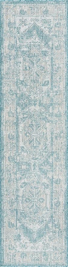 Unique Loom Outdoor Traditional Collection Area Rug - Valeria (2' x 7' 10" Runner, Aqua/ Ivory)