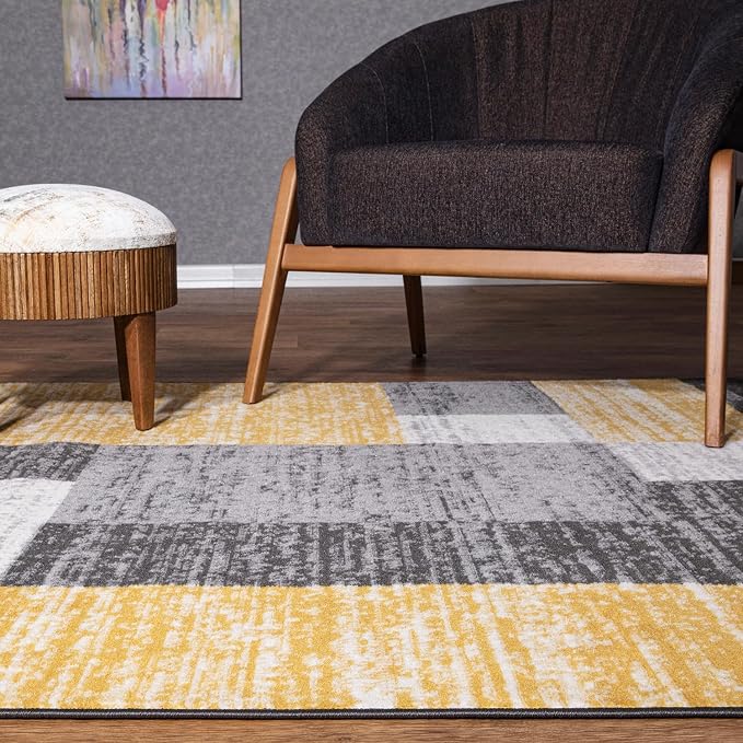 Rugshop Geometric Boxes Oslo Modern Non-Shedding Area Rug Yellow 5' x 7' | Rectangular, Size 5' x 7', Living Room, Bedroom, Dining Room, Home Office, Kitchen, Entryway, Hallway, Nursery, Kids Room