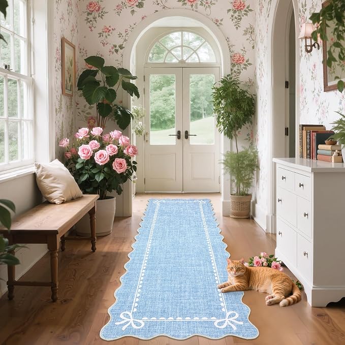 GarveeHome Scalloped Hallway Runner Rug 2.5x10 Non Slip Bedroom Rugs, Blue | Washable Bow Rug for Girls Dorm Nursery Living Room Entyrway Kitchen, Soft Low Pile Ultra-Thin Stain Resistant Indoor Carpet