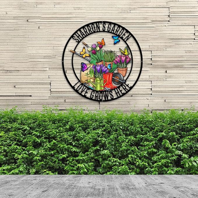 MeMate Flowers Garden Signs Outdoor Decor, Personalized Outdoor Metal Signs, Custom Name Garden Plaques Decoration for Potting Shed, She Shed, Gifts for Gardeners Women Grandma Mom