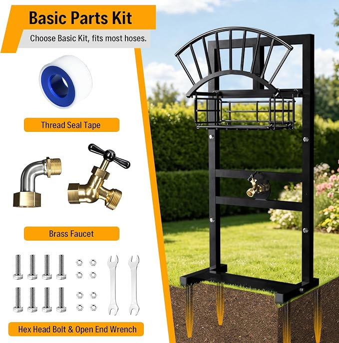 Garden Hose Holder Freestanding with Brass Faucet, Metal Heavy Duty Freestanding Garden Hose Hanger Storage Stand, Hose Storage for Outside Yard Lawn Farm, Outdoor Organizer