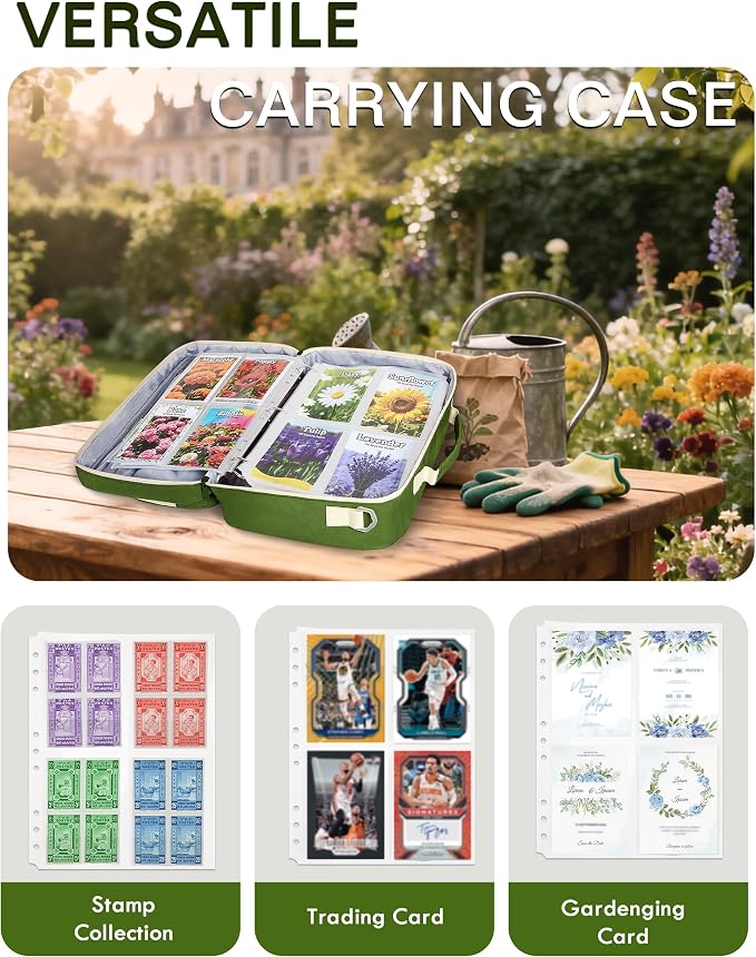 Seed Storage Organizer Binder with 20 Reusable Seed Envelopes | 30 Sheet Protectors Holds 120 Packets Envelopes, 1.5-Inch 3-Ring Binder, Handle & Adjustable Shoulder Strap,Ideal for Garden