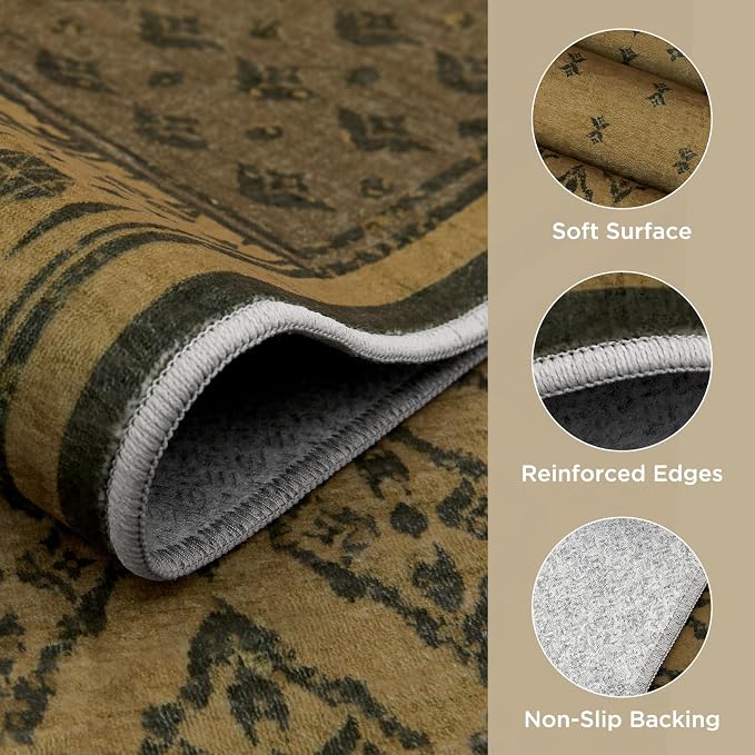 Joydeco Living Room Area Rug 6x9, Geometric Washable Rugs for Bedroom | Vintage Boho Non Slip Low Pile Soft Ultra Thin Distress Indoor Throw Floor Carpet for Dining Room Home Office Farmhouse Brown