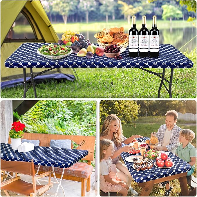 misaya Square Vinyl Table Cloth, Elastic Fitted Tablecloth with Flannel Backing, Waterproof Plastic Table Cover Fits Folding Tables for Picnic, Camping, Indoor and Outdoor (Navy, 34" x 34")