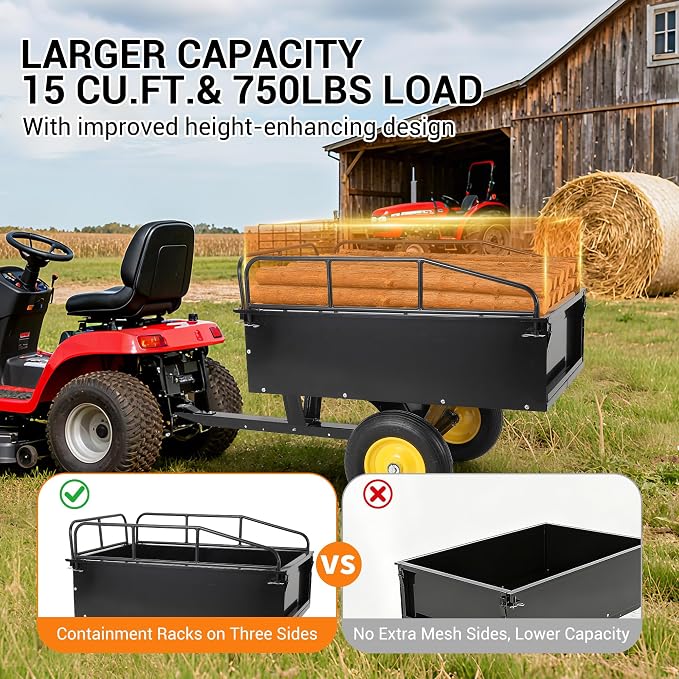 750LB Dump Cart, Heavy Duty Steel Garden Utility Trailer with Manual Dump,Pull Behind Trailer for Lawn Mower, Tractor, ATV for Yard & Farm