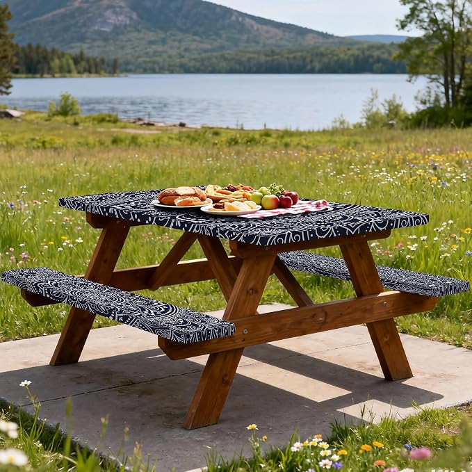 Rectangle Picnic Table Cover with Bench Covers 6FT 3PCS, Camping Essentials,Rectangle Fitted Camping Tablecloth Waterproof with Elastic Edge for Indoor Outdoor Patio, 72in, Boho